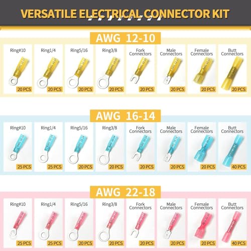 540PCS Marine Grade Heat Shrink Wire Connectors of Tinned Red Copper | Electrical Connectors Kit, AWG 22-10 Waterproof Crimp Connectors Terminals Insulated Ring Fork Spade Butt Splices