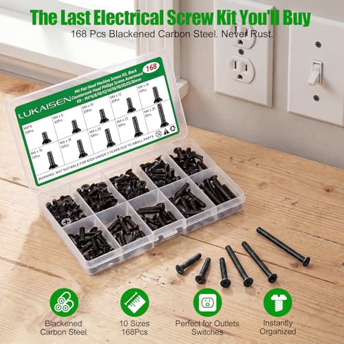 168 Pcs Black M4 Flat Head Machine Screws Kit for Switch Boxes | 10 Metric Sizes (M4 x 6mm to 30mm), Carbon Steel Black Screws for Wall Socket Outlets & Faceplates, Clear Label Storage Box - size: 168Pcs M4*6/8/10/12/14/16/18/20/25/30mm-Flat