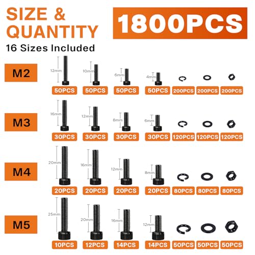 1800PCS M2 M3 M4 M5 Socket Head Cap Screw Assortment Kit - size: M2M3M4M5
