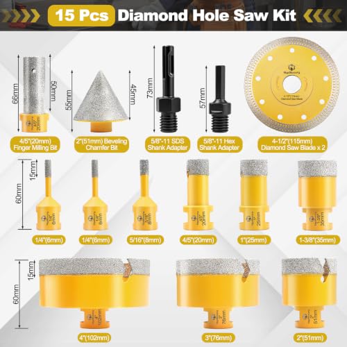 Diamond Tile Hole Saw Kit-15Pcs,Core Drill Bits for Ceramic,Glass