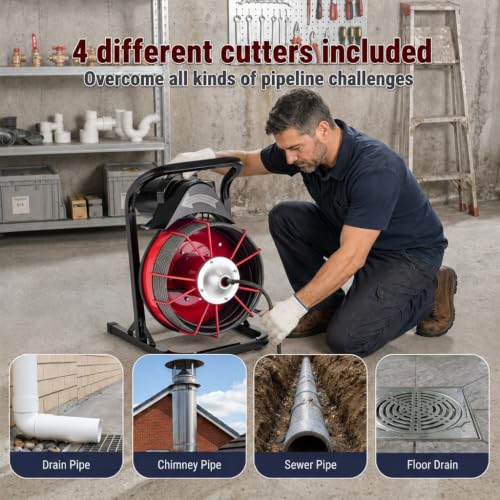 HoldwellS 75FT x 3/8 Inch Drain Cleaner Machine, Manual Feed Sewer Snake, Stationary Portable Drain Auger Equipped with 4 Cutters & Air-Activated Foot Switch for for 2-4 inch Pipes - color: 75FT x 3/8inch (Manual Feed)