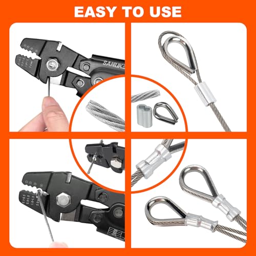 Sanuke Wire Rope Crimping Tool Kit, Swage for 3/64 1/16 5/64 inch Sleeves | Cutter & Crimper Plier with 160pcs Aluminum Crimping Loop Sleeve and 10pcs Stainless Steel Thimble