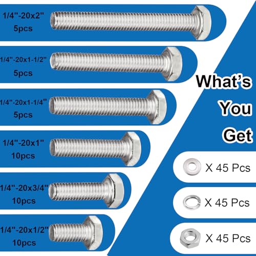 180pcs 1/4-20 Nuts and Bolts Assortment Kit, 1/4"-20 Thread 6 Sizes - size: 1/4-20 Set