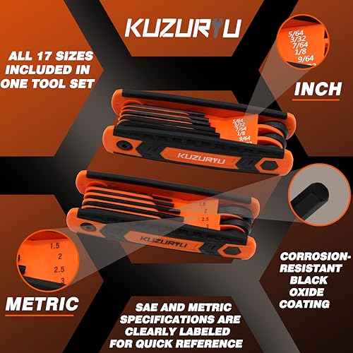 kuzuryu 17pcs Folding Allen Wrench Set, 2-Pack SAE & Metric Allen Key Set, Heat-Treated Chrome-Vanadium Steel - Portable Hex Tool for Bikes and Home Repair