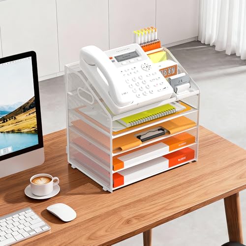 DocNest 5 Tier Metal Mesh Desk File Organizer with Phone Shelf, White - color: White, size: 12.6" x 9.1" x 13.3"