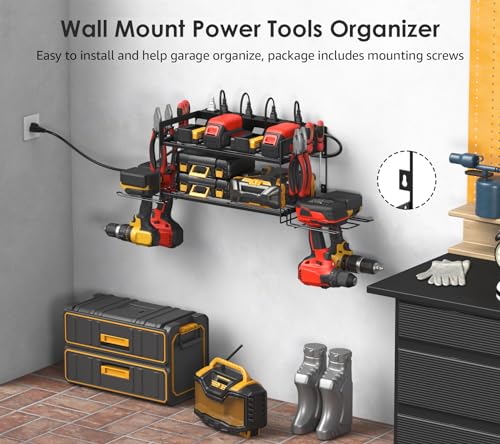 CCCEI Garage Tools Storage with Charging Station. Power Tool Battery Organizer Utility Shelf with Power Strip. 4 Drills Holder Wall Mount Rack, Black. - size: Small, style: 2 Layer