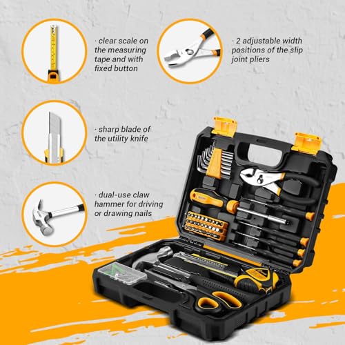 DEKOPRO General Household Hand Tool Kit with Plastic Toolbox Storage Case, All Purpose Home Tool Kit Includes Essential Tools for Office College Repairs, 50 Piece - color: Yellow