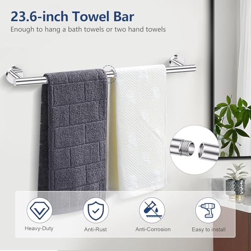 TQKAG 5 Piece Bathroom Towel Holder, Polished Chrome Bathroom Hardware Set | SUS304 Stainless Steel, 23.6" Toilet Paper Holder with Shelf, Towel Racks for Bathroom Wall Mounted, Towel Bars - color: Polished Chrome, size: 5-Pieces Set-A