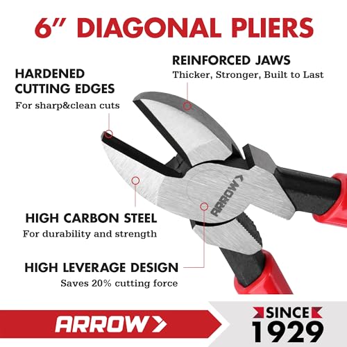 ARROW 6" High Leverage Diagonal Cutting Pliers, Wire Cutters, Side Cutters | Reinforced Jaws, Non-Slip Handle, Premium High Carbon Steel, Comfortable Grip, For Cutting Wires - size: 6 INCH