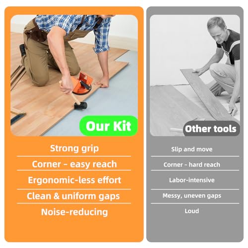 Floor Gap Fixer Tool Kit (4 in 1) – Heavy Duty 45° Striking Surface Floor Gap Repair Tool with Hammer, Crevice Cleaning Tool, 5Pcs Sticky Pads, Iron & Enhanced Suction Cup for Laminate/Vinyl Flooring