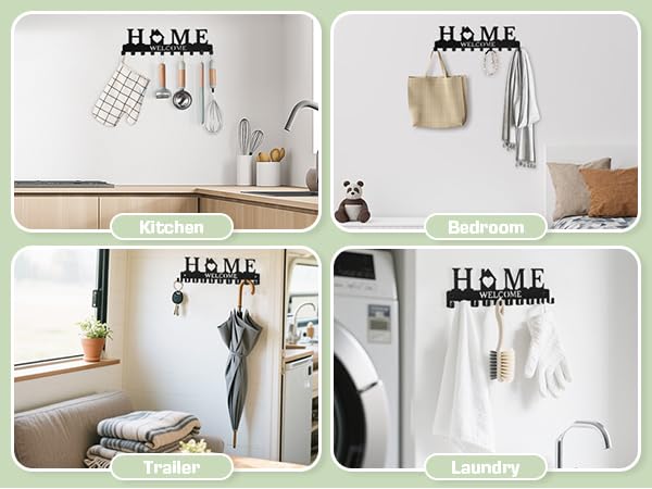 Key Holder Wall Mount, Adhesive Key Hanger with 12 Hooks, Black | Metal Material, 2 Mount Options, Compact Design, Cute Wall Decoration, Suit for Entryway, Doorway, Hallway, RV, Garage