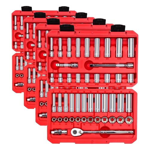 TEKTON 3/8 Inch Drive 6-Point Socket and Ratchet Set, 46-Piece (5/16-3/4 in., 8-19 mm) | SKT15301 (Pack of 4) - size: 46-Piece (8-19 mm) - Pack of 4