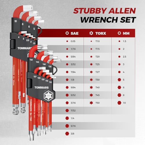 TOMMARS 31-Piece Stubby Allen Wrench Set, SAE, Metric & TORX Hex Keys - size: Stubby-length