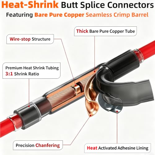 50pcs 14-12 Gauge Heat Shrink Butt Connectors 14-12 AWG Heat Shrink Butt Splice Marine Grade Insulated Waterproof Electrical Crimp Wire Connectors,Pure Copper Butt Splice for 14-12 Gauge Wire - size: 14-12 AWG