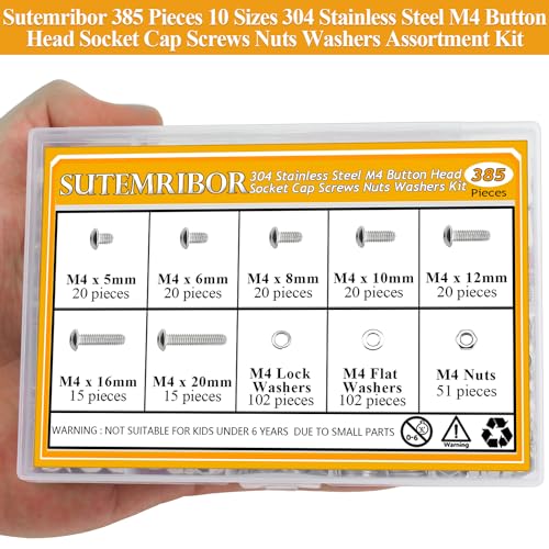 385 Pieces M4 Screws Nuts Washers Set, Sutemribor M4 x 5/6/8/10/12/16/20mm Button Head Socket Cap Screws Nuts Washers Assortment Kit, 304 Stainless Steel, Fully Threaded - size: M4, style: Button Head Socket Cap