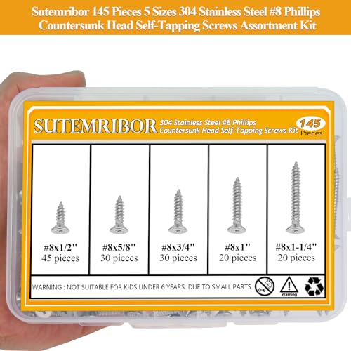 145 Pieces #8 x 1/2" 5/8" 3/4" 1" 1-1/4" Wood Screws Set, Phillips Countersunk Head #8 Self-Tapping Screws Assortment Kit, 304 Stainless Steel - size: #8, style: Phillips Countersunk Head