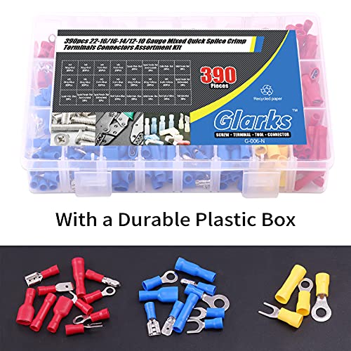 Glarks 355pcs 22-16/16-14/12-10 Gauge Mixed Quick Disconnect Electrical Insulated Butt Bullet Spade Fork Ring Solderless Crimp Terminals Connectors Assortment Kit