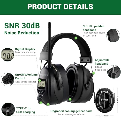 Bluetooth 6.0 AM FM Radio Headphone,Earmuff for Mowing,Construction - color: Black