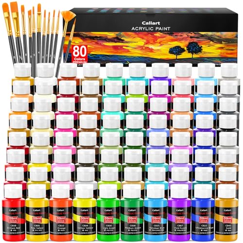 Caliart 80 Colors Acrylic Paint Set with 12 Brushes - color: Regular, size: 2 Fl Oz (Pack of 80)