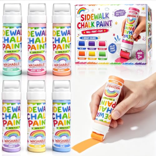 6 Pcs Roller Sidewalk Chalk Paint Set, Washable Powdered Chalk Mix in Water with Foam Rollers, Outdoor Art Graffiti Toy Kit for Kids Driveway, Playground and Sidewalk Paint (6 Colors)
