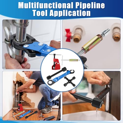 5 Pcs Angle Stop Wrench Kit Plumbing Tool, Compression Sleeve Puller for 1/2" Compression Fitting Ferrule Puller Removal Tool for 1/2" Copper Tubing 4-way Multi-functional Utility Key(Blue) - color: Blue