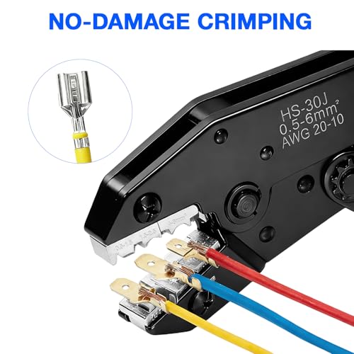 Wire Crimping Tool, Ratcheting Wire Crimper Set with 6 Replaceable Dies, Heavy Duty Crimper for Heat Shrink, Insulated Nylon, Non-Insulated, Wire Ferrules, Open Barrel Terminals and Solar Connectors