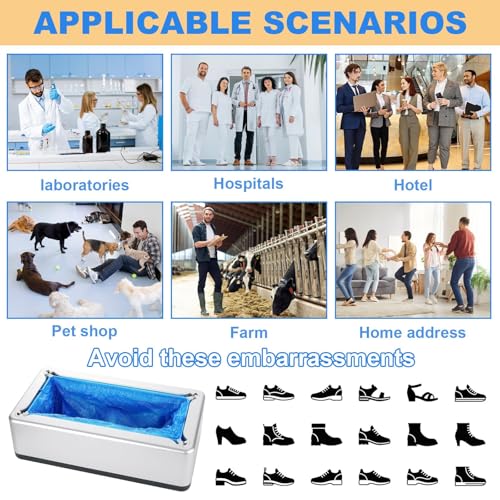 Automatic Shoe Cover Dispenser Machine with 200 Disposable Shoe Covers Included, Hands-Free Overshoe Dispenser in Silver ABS for Home Office Entryway Clinic
