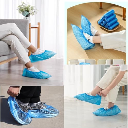 200 Pack Shoe Covers Disposable Non Slip, Premium Waterproof and Recyclable Shoe Booties Covers for Indoors, Fits Up To 11 US Men and 13 US Women Size, 100 Pairs Elastic Caps Plastic Shoe Covers Blue.
