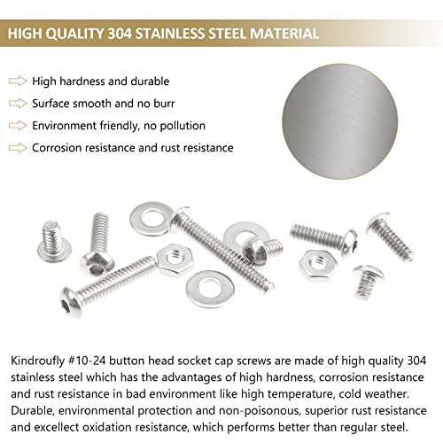 152 Pieces #10-24 x 1/4", 5/16", 3/8", 1/2", 5/8", 3/4", 1", 1-1/4", Button Head Socket Cap Screws Nuts Washers Assortment Kit, 304 Stainless Steel, Fully Machine Thread - size: #10-24, style: Button Head
