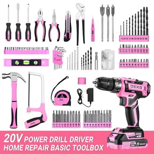 Pink Power Drill Tool Kit Set: 20V Cordless Electric Drill, Driver, Tool Box with Battery - color: Pink