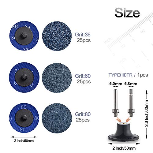Miroku 75Pcs Mixup 2-inch Quick Change Discs Set, Zirconia Sanding Discs with 1/4" Holder, for Die Grinder Surface Prep Strip Grind Polish Finish Burr Rust Paint Removal - style: 75Pcs Mixup