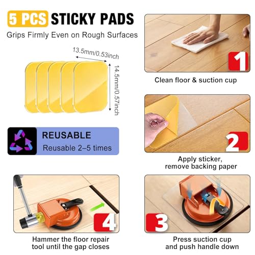 Wood Floor Gap Fixer Tool Kit, Heavy Duty Suction Cup Floor Tightener with 5 Reusable Sticky Pads & Rubber Mallet, Floor Seam Puller for Hardwood Laminate/Vinyl Installation & Repair
