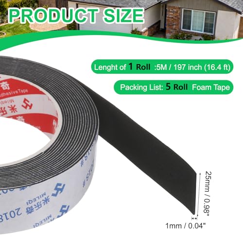 PATIKIL 5Roll Sponge Rubber Foam Tape, 63/64" W x 1/32" t x 16.4ft l Self-Adhesive Foam Insulation Tape Weather Stripping for Window Door Soundproofing Weatherstrip AC Seal Strip, Black - size: 63/64" x 1/32" x 16.4ft