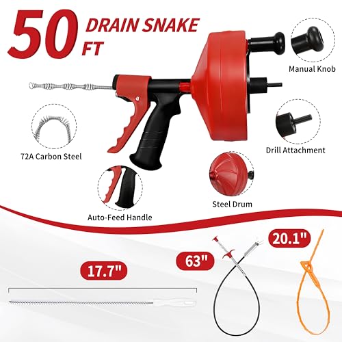 Drain Snake 50 Ft with Drill Attachment, Auto Feed 1/4 Inch Plumbing Snake for Sink, Shower & Tub Clogs, Manual or Drill-Powered Drain Auger, with Gloves, Safety Glasses & Storage Bag - color: 50FT