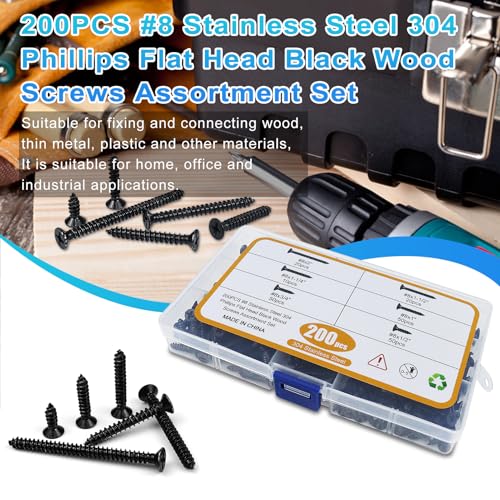 200PCS #8 Black Wood Screws Assortment Kit, 304 Stainless Steel Screws, Drive Sheet Metal Self Tapping Screws with Screwdriver Bit, 6 Sizes (2”,1-1/2”,1-1/4”,1”,3/4”,1/2”) - style: Black #8 Flat Head Set 200PCS