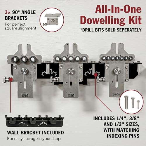 JessEm 08358 Seasoned Pro Stainless Steel Dowelling Jig Complete Kit with 1/4", 3/8" and 1/2" Guides, Three Angle Bases, Wall Bracket, Precision Woodworking Joinery Tool