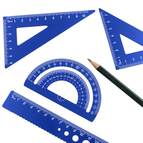 4 Pcs Triangular Ruler Set, Aluminum Alloy Geometry Tools, Metal Drafting Ruler for Students, Draftsmen, Engineers, School Office Supplies with Protractor & Metric Scales (Blue) - color: Blue
