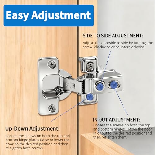 Cabinet Hinges - 24 Pack for 1/2 Inch Overlay Cabinet, Face Frame Concealed 105Deg Self Closing Hinges, Stainless Soft Close Cabinet Door Hinges with Mounting Screws and Repair Plate
