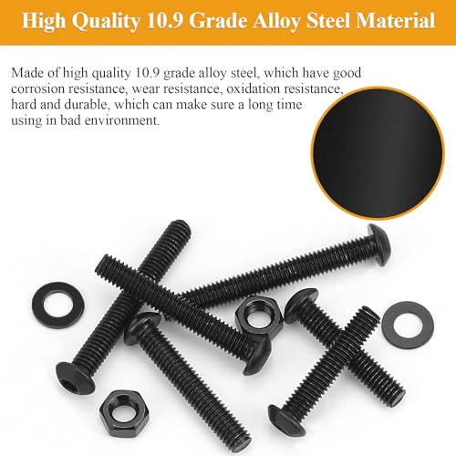 M6 Screws, Nuts & Washers Set - 65 Pieces, 30/35/40/45/50mm, Black, 10.9 Grade Alloy Steel, Fully Threaded - size: M6 Long Screws Kit, style: Button Head