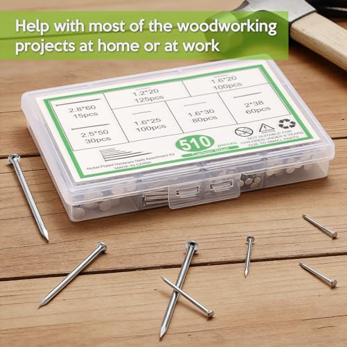 KOAMLY 510 Pcs Hardware Nails Stainless Steel Nails Assortment Kit,7 Sizes Mix Rust-Proof Common Nails for Wood, Fence, Furniture, Crafts & DIY Projects – Practical Fastener Kit Saves Your Time
