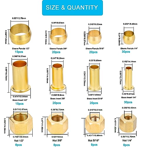 1/4", 3/8", 5/16", 1/2" OD Brass Compression Insert,Sleeve Ferrule,Nut 200PCS - size: 200 pcs, 1/4", 5/16", 3/8", 1/2"