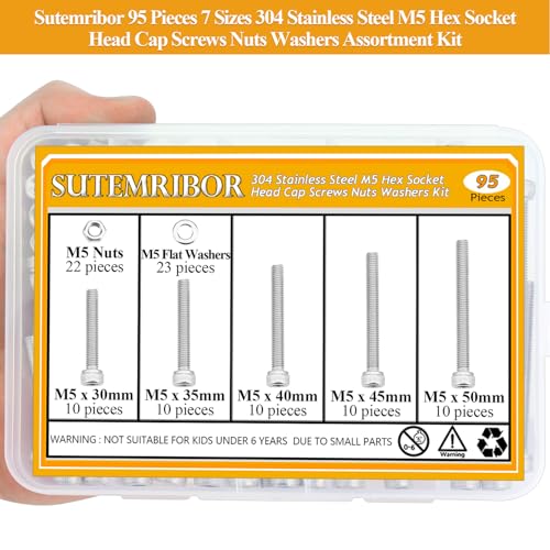 95 Pieces M5 x 30/35/40/45/50mm Hex Socket Head Cap Screws Nuts Washers Set Silver, Sutemribor M5 Long Screws, M5 Stainless Screws Nuts Washers Assortment Kit, 304 Stainless Steel, Fully Threaded - size: M5 Long Screws Kit, style: Socket Head