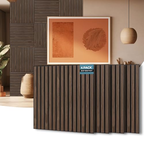 AKUMAX 4-Pack Wood Slat Acoustic Wall Panels, 23.6 x 23.6 in 3D Sound-Absorbing Panels for Walls & Ceilings, Fire-Retardant, FSC-Certified Materials, 15.5 Sq Ft, Black Walnut - color: Black Walnut