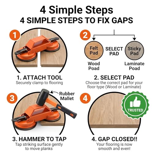 Floor Gap Fixer Tool Kit for Laminate and Vinyl Plank, Heavy Duty Double Suction Cup Floor Gap Closer with Non-Marring Rubber Mallet, Sticky Pads, Seam Knife - Complete DIY Home Flooring Repair Set