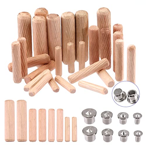 Glarks 508Pcs 1/4" 5/16" 3/8" 1/2" Wooden Dowel Pins Beveled Ends Fluted Dowel with 6/8/10/12MM Solid Hollow Dowel Tenon Center Transfer Plugs Set for Easy Insertion Furniture Door Crafts Projects