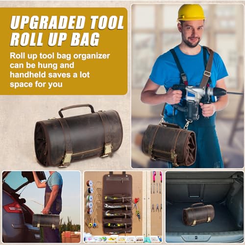 Leather Tool Bag Genuine Leather Tool Roll Bag Rolling Up Tool Bag with 6 Pockets Heavy Duty Roll Up Bag Organizer for Motorcycle Mechanic Electrician Woodworker Hobbyist"
