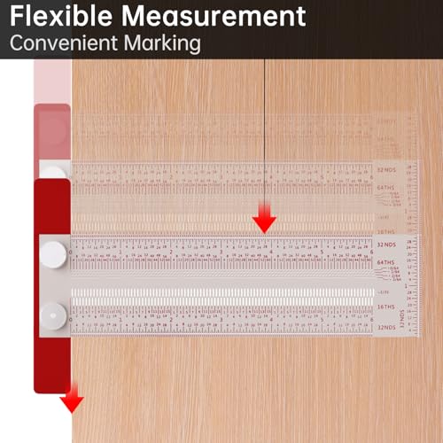 6" Precision Marking T-Rule, Stainless Steel Scribe Line Ruler with Holes for Cutting Sawing, Scribing Ruler Woodworking Marking Tools Carpenter Draft Measuring T-Square with Stops (Red, 6 inch) - size: 6 inch