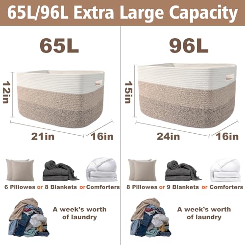 JMvicyroam 65L Large Woven Cotton Rope Blanket Basket, White&Brown - color: White&Brown, size: 65L