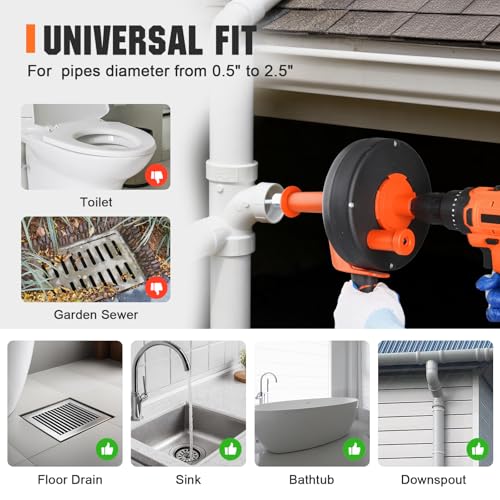 Drain Auger 25 Ft,Plumbing Snake With Drill Adapter,Pipe Clog Remover for Kitchen Bathroom Shower Sink Cleaning,Flexible Spring Steel