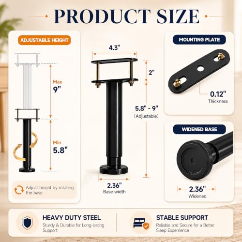4Pcs Bed Frame Support Leg, Adjustable Height 5.8"-9" | Extra Sturdy Steel Bed Frame Support Legs with Wider Rubber Base, More Stable/Quieter, Bed Slat Reinforcement Kit - size: 5.8"-9" (4pcs)